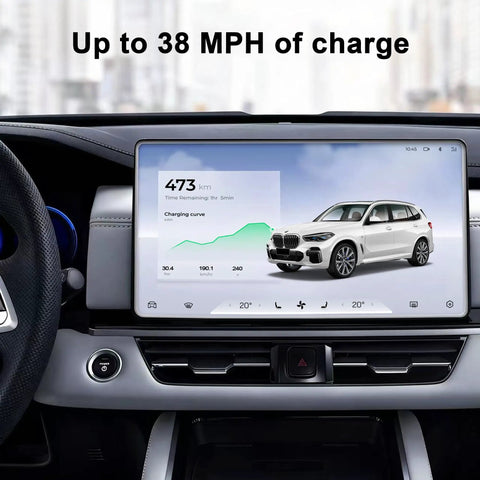 Straight Up Heavy Duty J1772 Level 2 Electric Vehicle Charger With Slick WiFi App Control, Rfid Keycard, Nema 14 50P Plug, Twenty Five Foot Extension Cord And Smart Off Peak Scheduling For No Fuss Setup And Reliable Daily Driving showing charging status on screen.