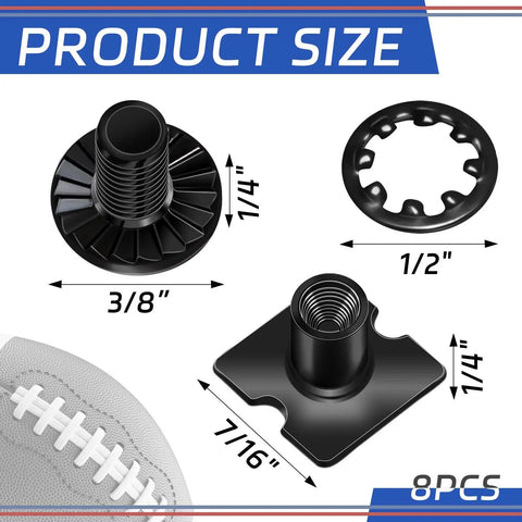 Built Tough 8 Piece Football Backplate Screw Kit With Truss Head Bolts Slotted Fasteners And Rubber Washer Gaskets To Lock Down Your Court Setup In Clean Square Black Hardware Finish showing product size dimensions.