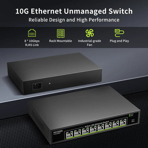 8 Port 10G Ethernet Unmanaged Switch With 8x 10Gb Base-T Ports, 160Gbps Switching, plug and play for NAS and PC