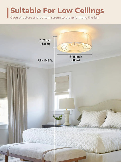 Low Profile Ceiling Fan With Light 20 Inch Boho Rattan Flush Mount Drum Cage showing dimensions suitable for low ceilings.