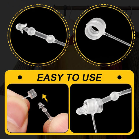 2000 Piece Bulk Clear Plastic Hang Tag Fasteners With Quick Snap Security Loops For Retail Stores No Sweat Setup Durable Polypropylene Price Pins 3 Inch 5 Inch Straight Up Apparel Hanging Kit details showing easy-to-use snap connectors.
