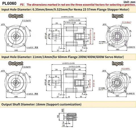 Top Shelf NEMA23 Planetary Gearbox Crafted With Premium Helical Gears showing input and output dimensions for precise motor fit.