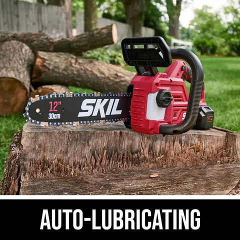 Cordless 20V Brushless Chainsaw With 12 Inch Bar And Tool Free Tension Lightweight Outdoor Power Tool Battery Kit For Backyard Cleanup And Log Cutting Bad Boy on a log.