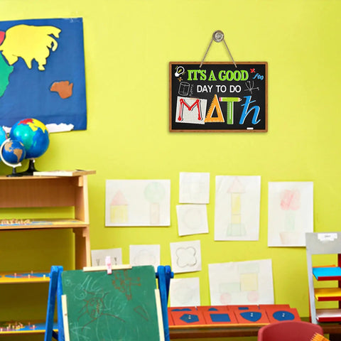 Its A Good Day To Do Math Front Door Sign Blackboard Pencil Ruler Wood Hanger in classroom on green wall