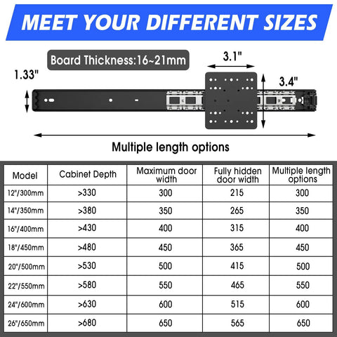 Industrial Grade Sliding Hidden Door Track Featuring Butter Smooth Gliding Pocket Door Hardware And Solid Steel Ball Bearings For Cabinet And Recessed Wall Doors 22 Inch Dual Set size and measurement details on board thickness and options.