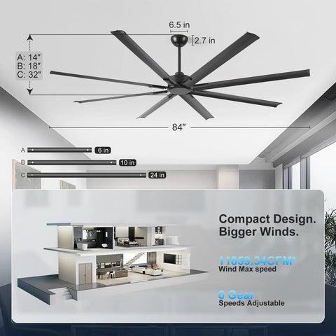 84 Inch HVLS Industrial Ceiling Fan With Heavy Duty Aluminum Blades Rust Proof Coating Quiet DC Motor for Large Spaces