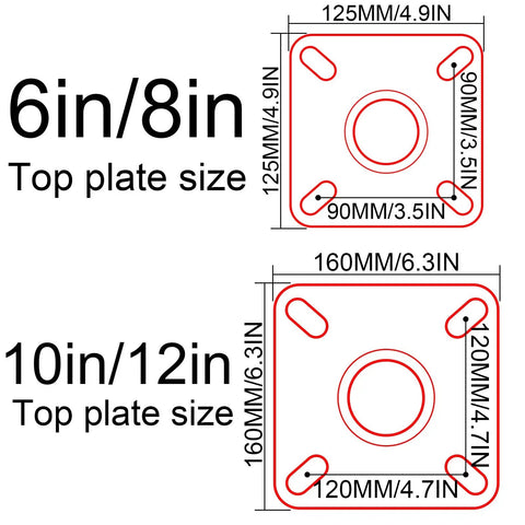 Top plate size diagrams for 4 Pack Heavy Hitter Industrial Casters Featuring Dense Rubber Swivel Wheels securely mounted.