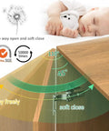 50 Pack 25 Pairs Inset Soft Close Cabinet Hinges Clip On Plate 45 To 110 Degrees Frameless European Cabinet Door Hinge 3D Adjustable Silent Self Closing shown with open door angles and sleeping baby