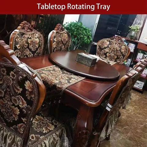 Slick Rolling Wooden Lazy Susan Turning Tray Real Game Changer For Kitchen Counters And Reliable Dining Tables With Silent Bearing Sturdy Round Swivel Serving Platter on a wooden dining table.