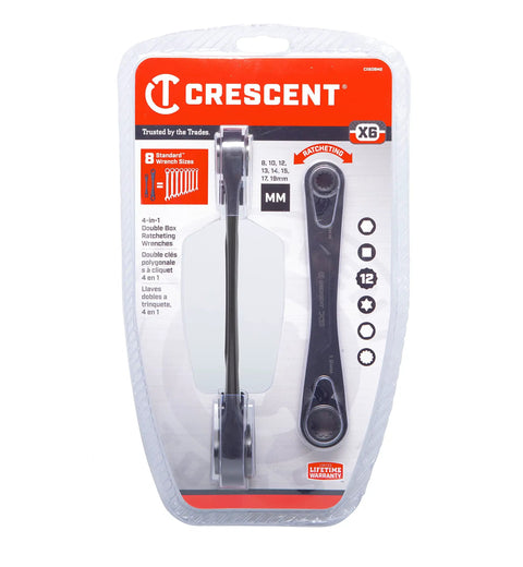 Two Piece X6 Four In One Black Oxide Spline Ratcheting Metric Wrench Set in packaging, durable steel construction