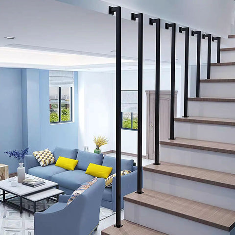 Interior Wrought Iron Stair Handrails With Rust Resistant Nano Coating And Secure Safety Grab Bars For Modern Duplex Homes Solid Square Pipe Balusters, sleek design in modern living space.