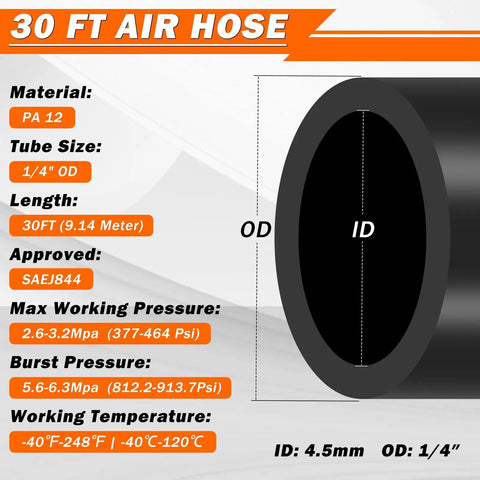 Beefed Up Air Line Kit For Air Spring Bag Suspension With Fittings, 30 Ft PA Hose, specifications of hose material and dimensions