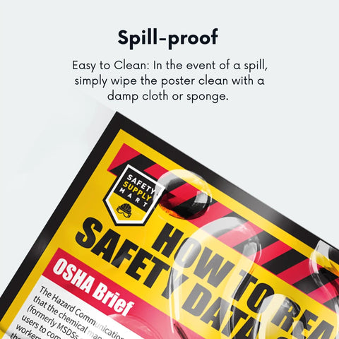 Close-up of Must-Have SDS MSDS Safety Data Sheet Poster showing spill-proof UV-coated paper and OSHA compliance sections.