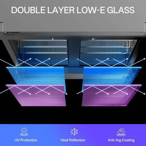Double layer low-E glass of Sleek Stainless Steel Commercial Beverage Cooler With Tempered Glass Front And Bright Led Strip Badass Upright Drink Fridge Plug And Play 78 Cubic Feet For Shop Or Bar.