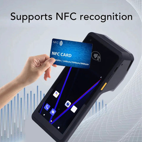 Android 11 5.0 Inch Touch Screen Handheld Barcode Scanner showcasing NFC card on display