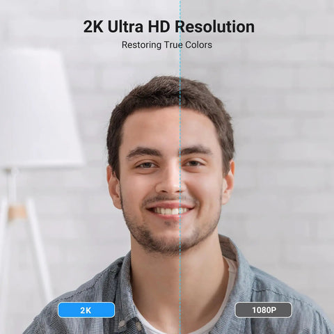 Split image showcasing 2K Ultra HD resolution with improved color on left side, person smiling, backdrop of room with lamp.