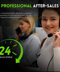 Customer service representative with headset smiling, two women in a call center, 24-hour online support graphic