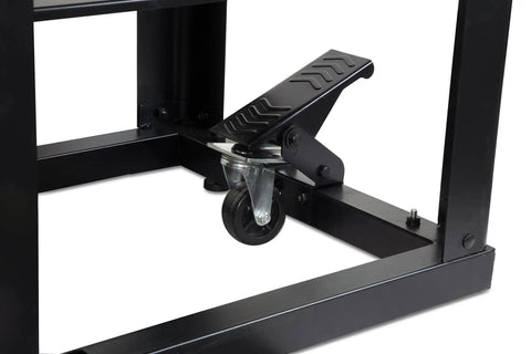 Rock Solid Multi Purpose Rolling Workbench For Planers And Miter Saws With Extendable Arms Span Fifty Four Inches swivel caster detail.