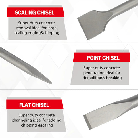 Scaling, point, and flat chisel set for SDS Plus rotary hammers - Chisel And Point Bit Set For SDS Plus Rotary Hammers Demo Ready Tough As Nails Concrete And Tile Kit Three Piece Works With Makita DeWalt Bosch Milwaukee Hammer Drills Durable Rust Resistant Steel High Impact Demolition Tools