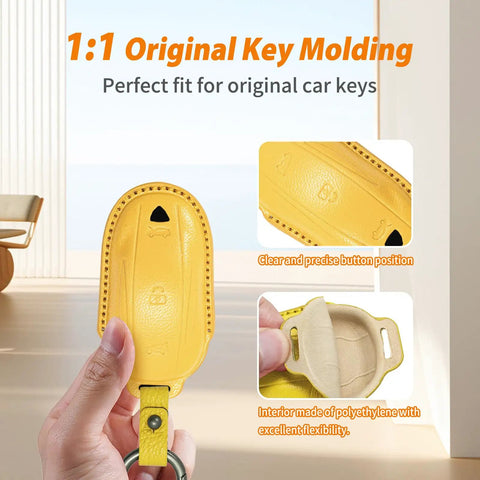 Premium Genuine Leather Key Fob Cover For Tesla Model X With Dead On Fit And Buttery Soft Texture Providing Slick Protection Plus Attached Heavy Duty Keychain Accessory Straight Fire Gear For Your Daily Driver, yellow key fob case shown in hand.