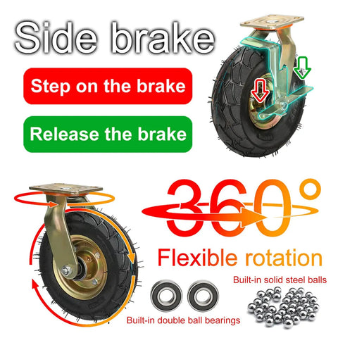 Heavy Duty Pneumatic Caster Wheels 8 Inch And 10 Inch 2 Pack Swivel Brake showing side brake mechanism and rotation features.