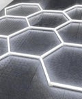 Hexagon LED Garage Light Kit For Workshop And Gym With Customizable Hexagonal Honeycomb Grid System Eight Honeycomb Modules 210W on floor