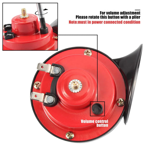 Close-up of Kickass Hella Loud 12 Volt Golf Cart Horn Kit showing volume control button and wiring for UTV and golf cart use.