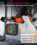 Heavy Duty Digital Angle Gauge With Freakin Precise Readings And Hella Strong Magnetic Backing Optimized For Rapid Framing Layouts And Hassle Free Weekend Projects in use on metal pipe with adjustable wrench.