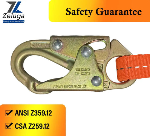 Adjustable Tree Climbing Lanyard With Quick Slide Toggle built tough as nails, featuring a gold double locking hook and orange webbing.