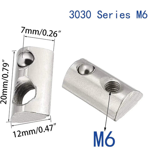 M6 T Slot Nuts For 3030 Aluminum Extrusion 8mm Slot Roll In Spring Ball Loaded Elastic Nuts Carbon Steel Nickel Plated
