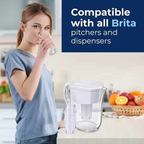 Woman drinking water next to Replacement Water Filter Cartridges For Brita Pitchers And Dispensers No-Brainer BPA-Free NSF Certified.