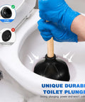 Person using Heavy Duty Wood Handle Black Toilet Plungers Bulk Pack Of 10 with rubber cup on toilet drain.