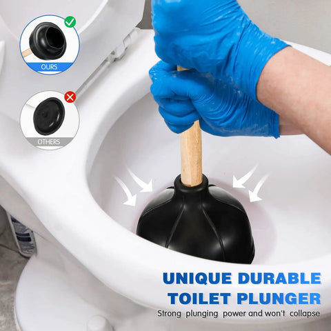 Person using Heavy Duty Wood Handle Black Toilet Plungers Bulk Pack Of 10 with rubber cup on toilet drain.