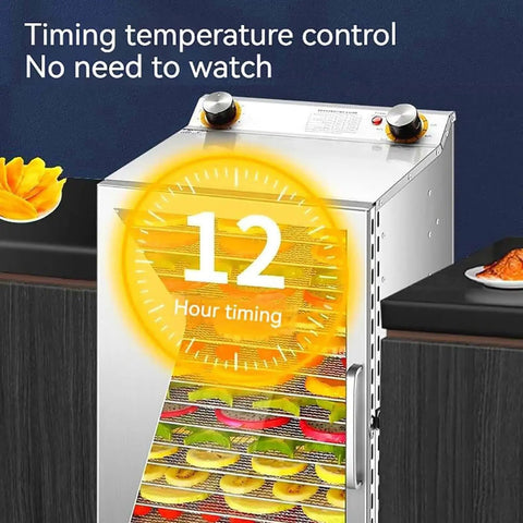 Six Tray Food Dehydrator Machine Harnessing Four Hundred Watt Power And Reliable Thermostat For Fast Fruit Vegetable Meat Jerky And Pet Treat Preservation Easy As Pie And Essentially Zero Drama showing 12 hour timer and temperature controls.