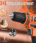 Close-up of 20V Cordless Drill Driver With Dual Batteries, 30Nm Torque, 21 Plus 1 Clutch, Two Speed Settings, orange drill in use.