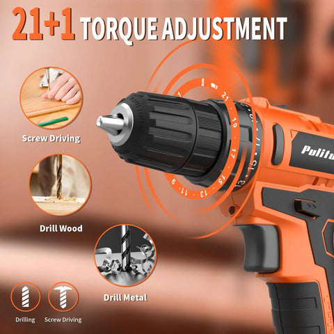 Close-up of 20V Cordless Drill Driver With Dual Batteries, 30Nm Torque, 21 Plus 1 Clutch, Two Speed Settings, orange drill in use.