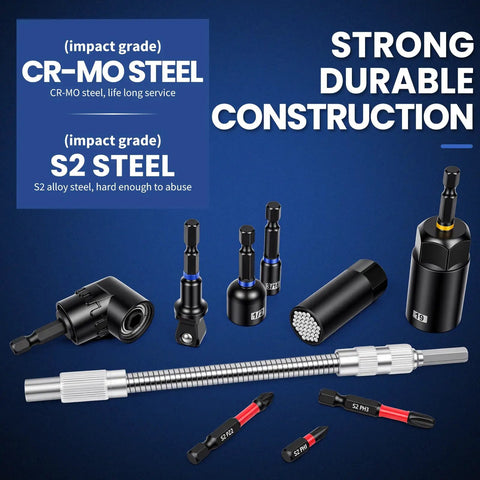 All In One 86 Piece Magnetic Impact Nut Driver And Bit Set With SAE And Metric Sizes, shown with S2 Steel bits and adapters
