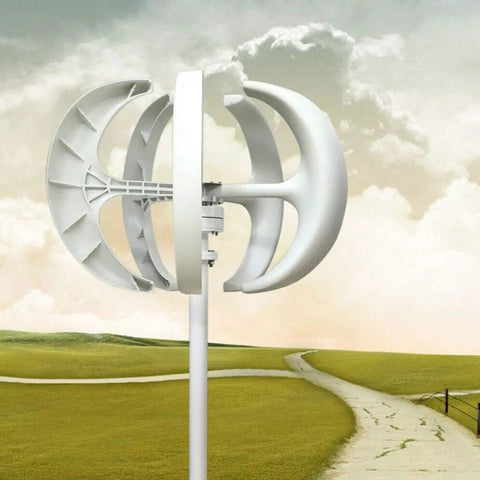 Vertical Axis Wind Turbine Generator Kit 200 Watt 24 Volt showing sleek design in open field, ideal for off grid use.