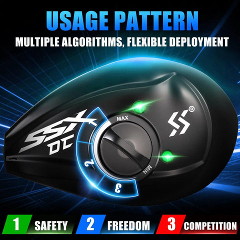 Digital Anti Backlash Baitcasting Reel showing smart braking dial with usage settings for precision control.