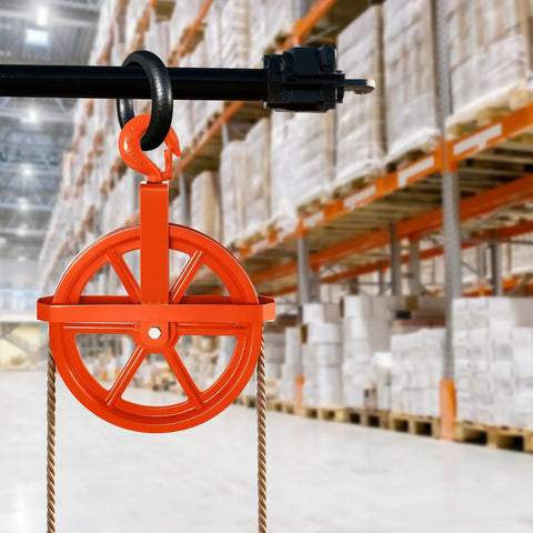 12 Inch Scaffold Hoist Pulley Wheel With Ladder Hooks, Heavy Duty Iron Wheel, 1000 Lb Capacity, Durable Construction For Safe Lifts, Rope Compatibility Five Eighths Inch, Great For Eight Millimeter Or Five Sixteenth Inch Rope, orange pulley on scaffold