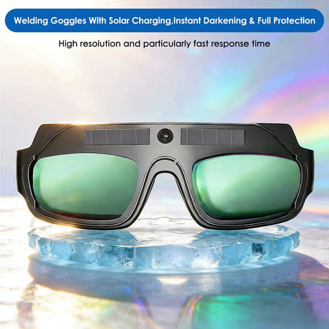 Top Shelf Auto Darkening Welding Goggles With Solar Powered True Color Lens For Grinding And Heavy Duty Projects, front view showcasing green lenses.