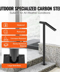 Rock Solid Heavy Duty Outside Step Railing With Matte Black Powder Coat Finish And 330 Lbs Load Rating, featuring large solid base and sturdy aluminum.