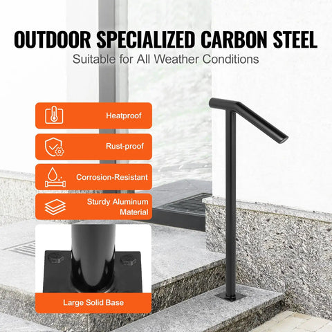 Rock Solid Heavy Duty Outside Step Railing With Matte Black Powder Coat Finish And 330 Lbs Load Rating, featuring large solid base and sturdy aluminum.