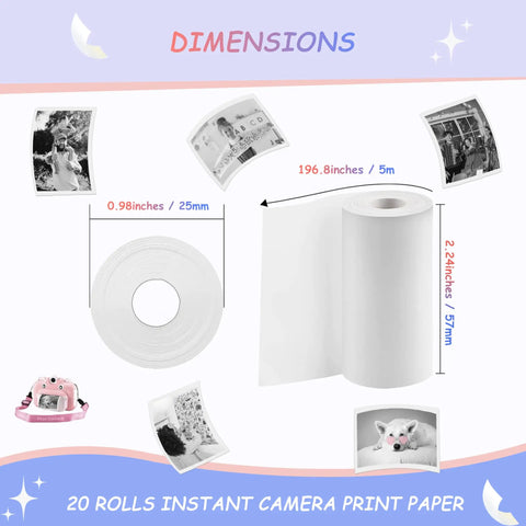 20 Rolls Instant Print Kids Camera Paper For HD Photo Prints, Premium Thermal Paper Refill With Bold Colors And Glossy Finish, Durable, High Quality Paper Your Kids Will Dig For Their Mini Cameras., 2.24in roll dimensions