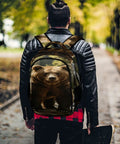 Person wearing Stream Brown Bear Printed Unisex Backpack on a walk in fall surroundings
