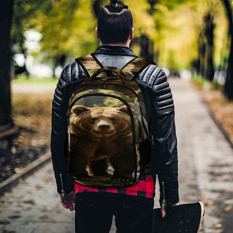 Person wearing Stream Brown Bear Printed Unisex Backpack on a walk in fall surroundings