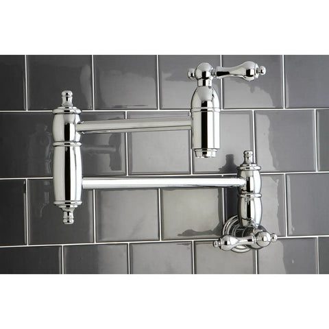 Pot Filler Faucet With Metal Lever Handle Polished Chrome Spout Height 8.125 Inch Wall Mount against grey tiles