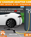 25 Foot Nema 10-30P To 14-50R EV Charger Cord Straight Up Tough Dryer Outlet Adapter connected to a car for charging.