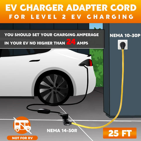 25 Foot Nema 10-30P To 14-50R EV Charger Cord Straight Up Tough Dryer Outlet Adapter connected to a car for charging.