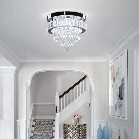 Room with Dimmable Crystal LED Flush Mount Ceiling Light With Remote Control, Slick Modern 11.8 Inch Chandelier above a staircase.